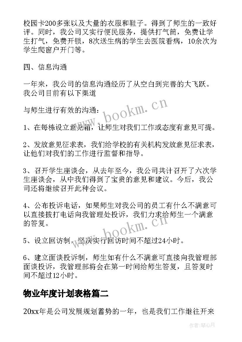 最新物业年度计划表格 物业年度工作计划表(通用5篇)