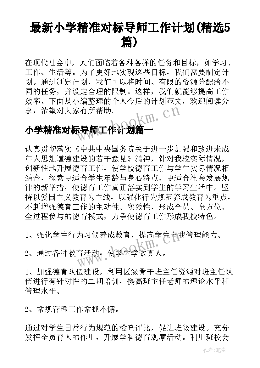 最新小学精准对标导师工作计划(精选5篇)