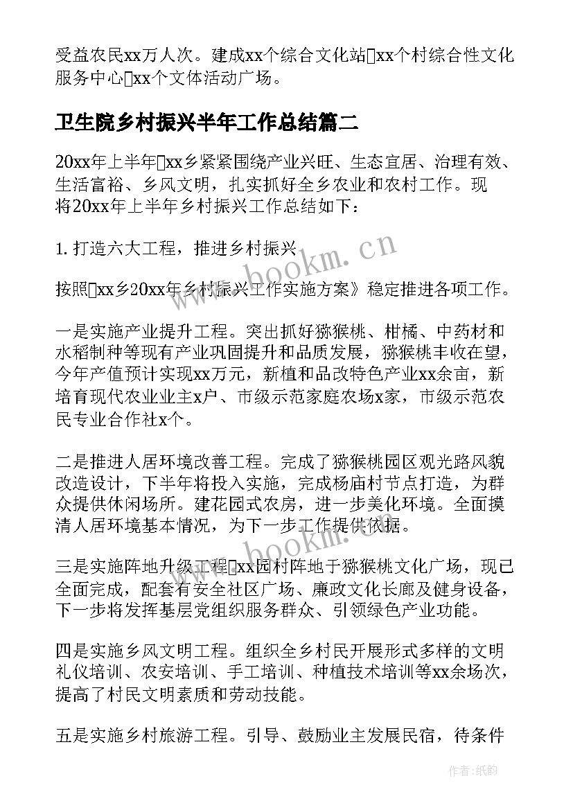 2023年卫生院乡村振兴半年工作总结 上半年乡村振兴驻村工作总结(优秀8篇)