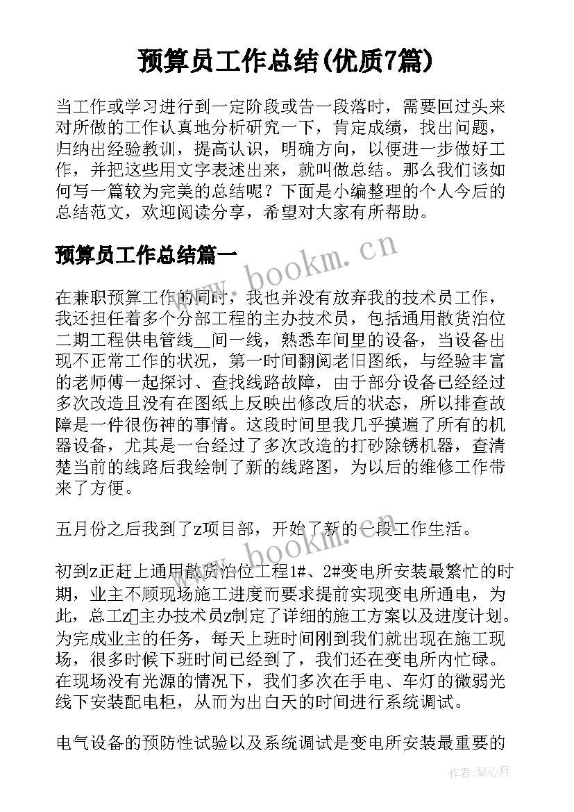 预算员工作总结(优质7篇)