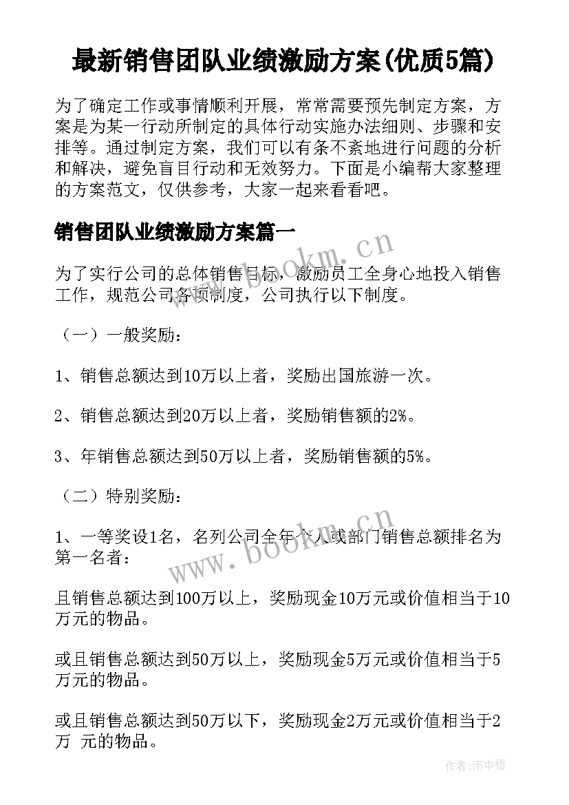 最新销售团队业绩激励方案(优质5篇)