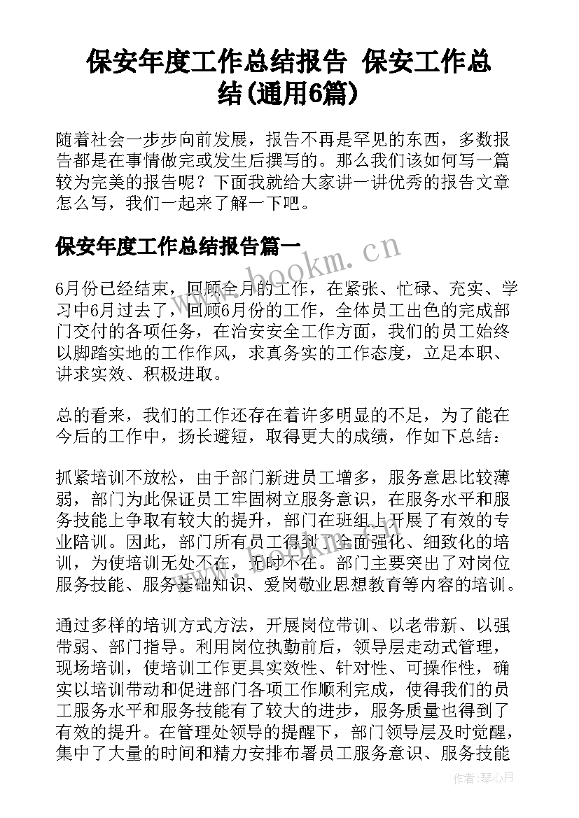 保安年度工作总结报告 保安工作总结(通用6篇)