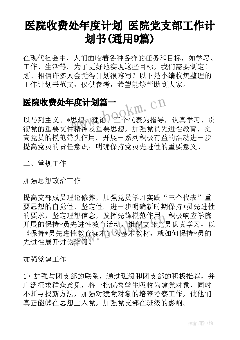 医院收费处年度计划 医院党支部工作计划书(通用9篇)