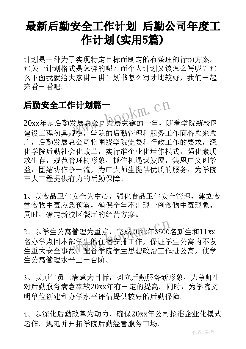 最新后勤安全工作计划 后勤公司年度工作计划(实用5篇)