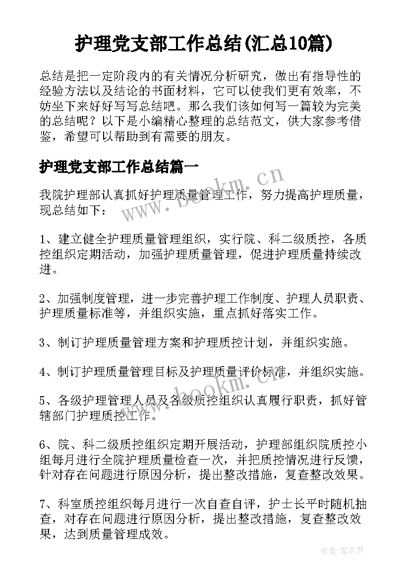 护理党支部工作总结(汇总10篇)