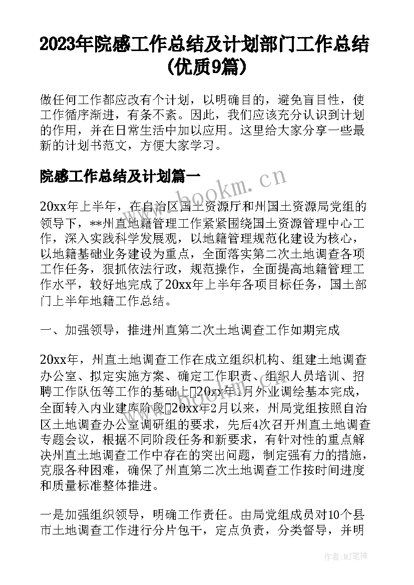 2023年院感工作总结及计划 部门工作总结(优质9篇)