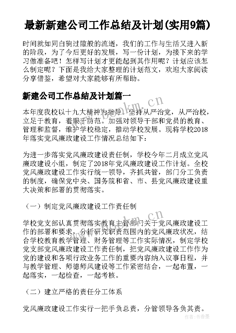 最新新建公司工作总结及计划(实用9篇)