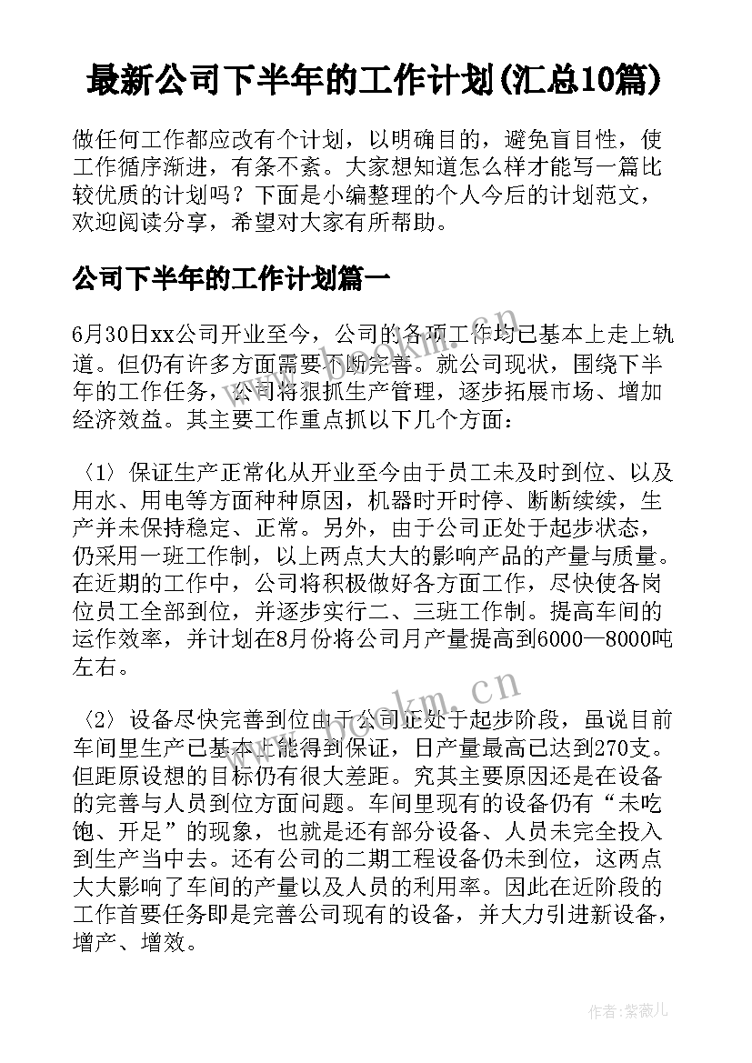 最新公司下半年的工作计划(汇总10篇)