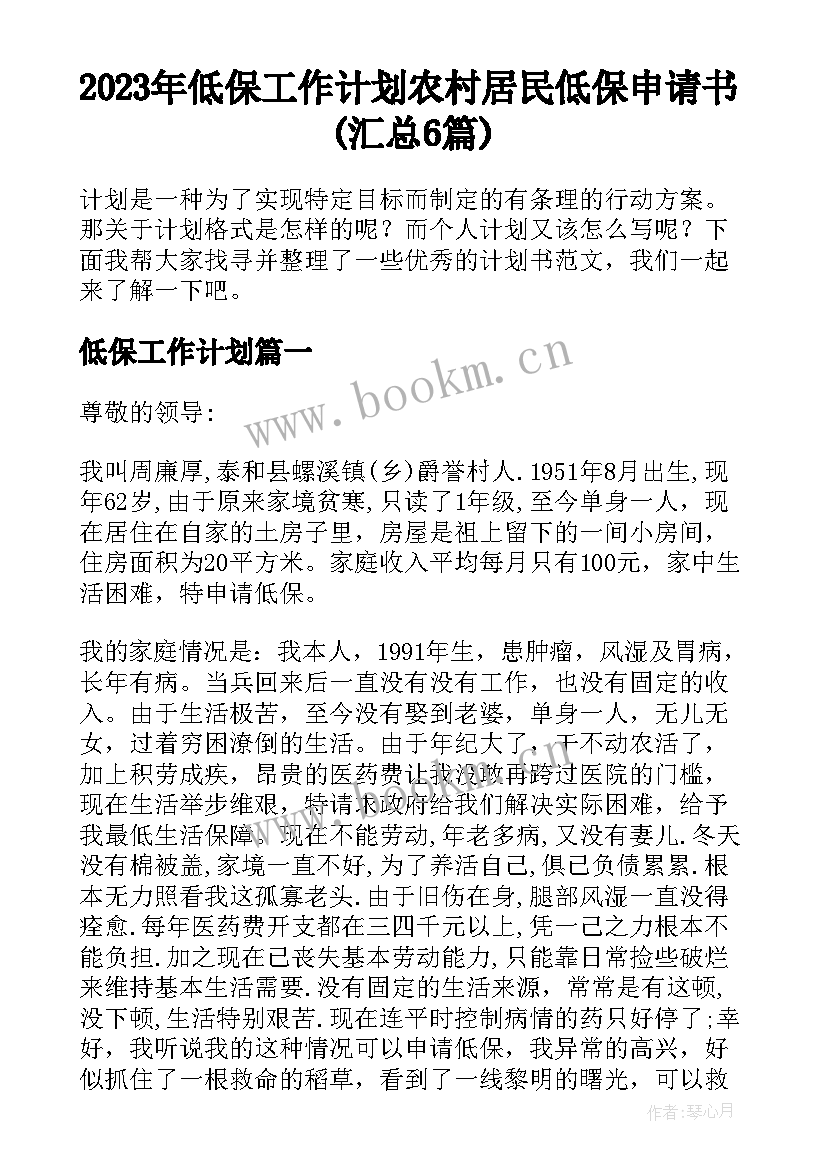 2023年低保工作计划 农村居民低保申请书(汇总6篇)