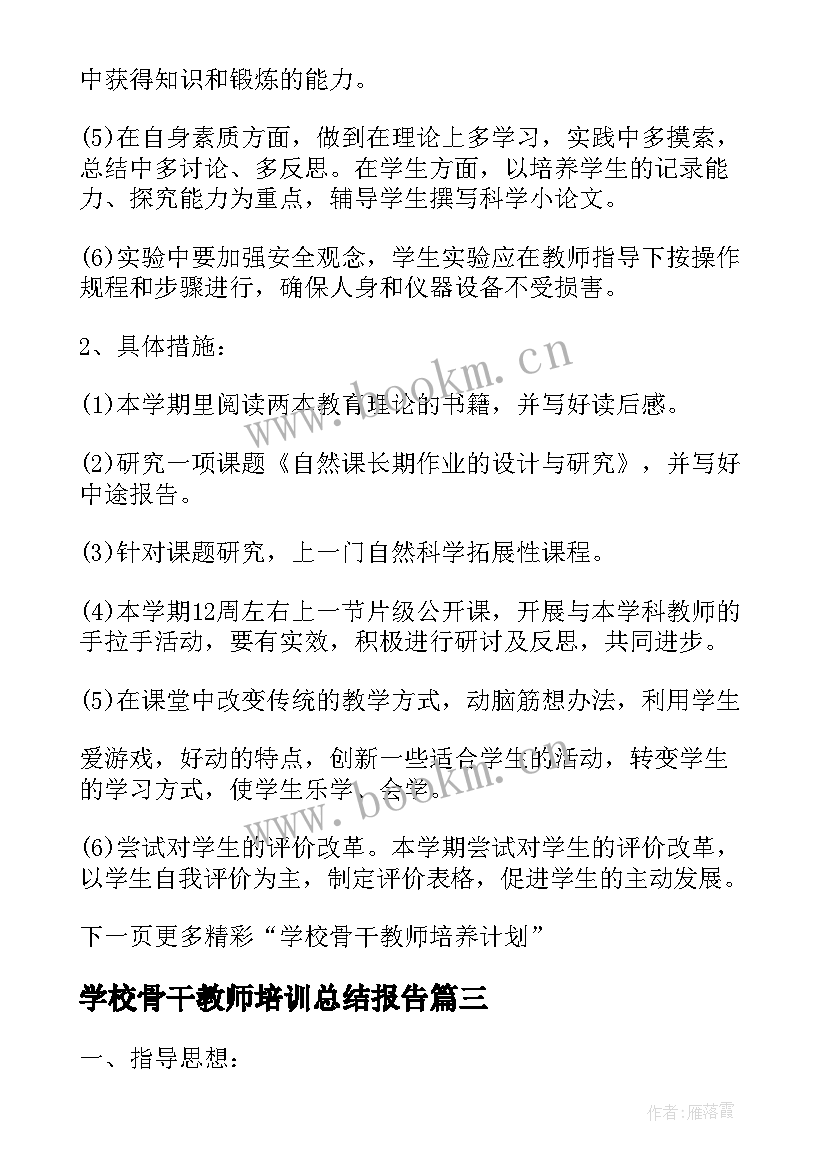 学校骨干教师培训总结报告 学校骨干教师培养计划(通用7篇)