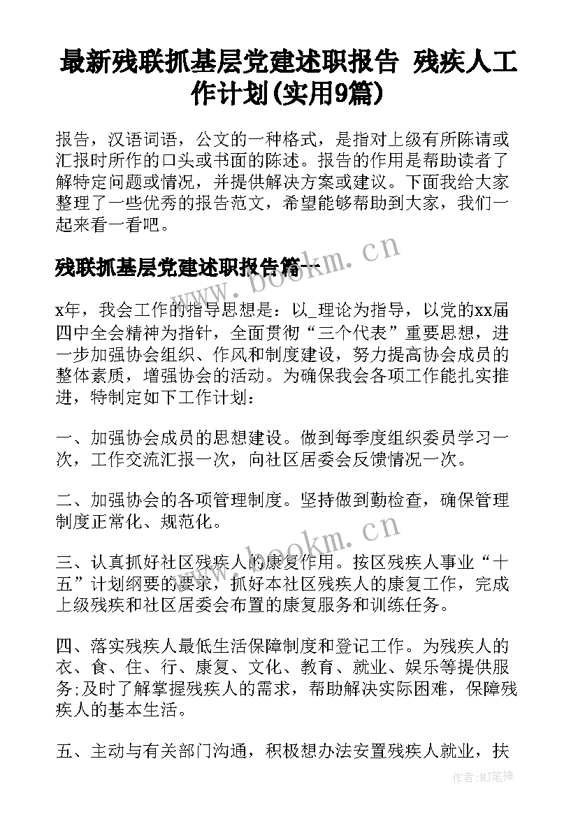 最新残联抓基层党建述职报告 残疾人工作计划(实用9篇)