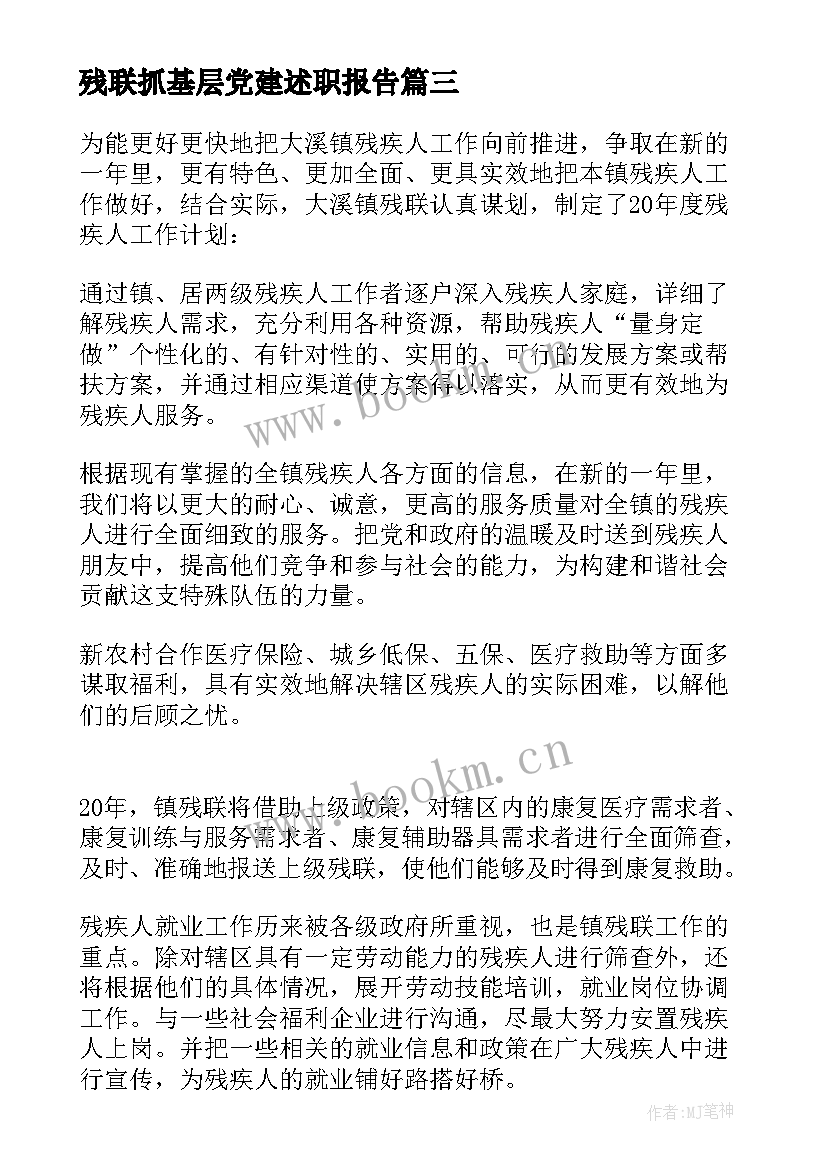 最新残联抓基层党建述职报告 残疾人工作计划(实用9篇)