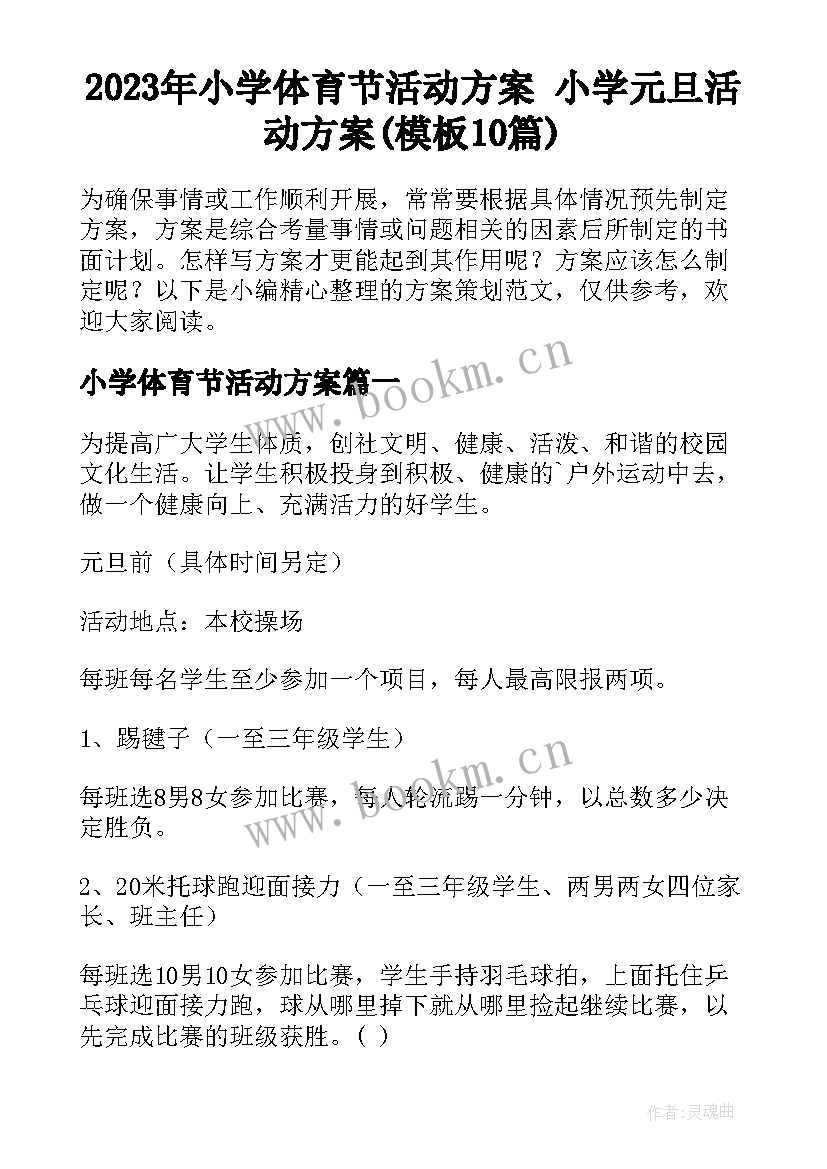 2023年小学体育节活动方案 小学元旦活动方案(模板10篇)