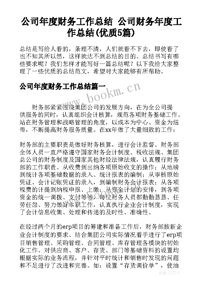 公司年度财务工作总结 公司财务年度工作总结(优质5篇)