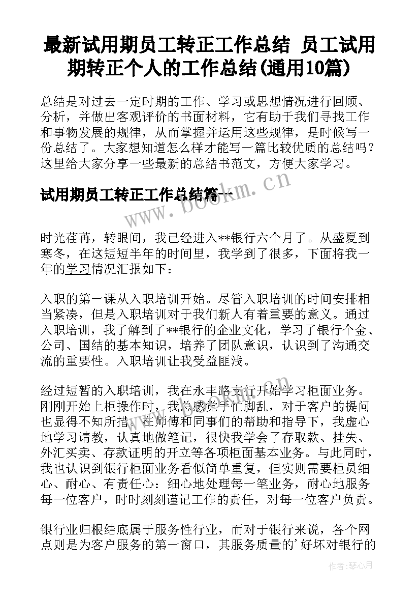 最新试用期员工转正工作总结 员工试用期转正个人的工作总结(通用10篇)