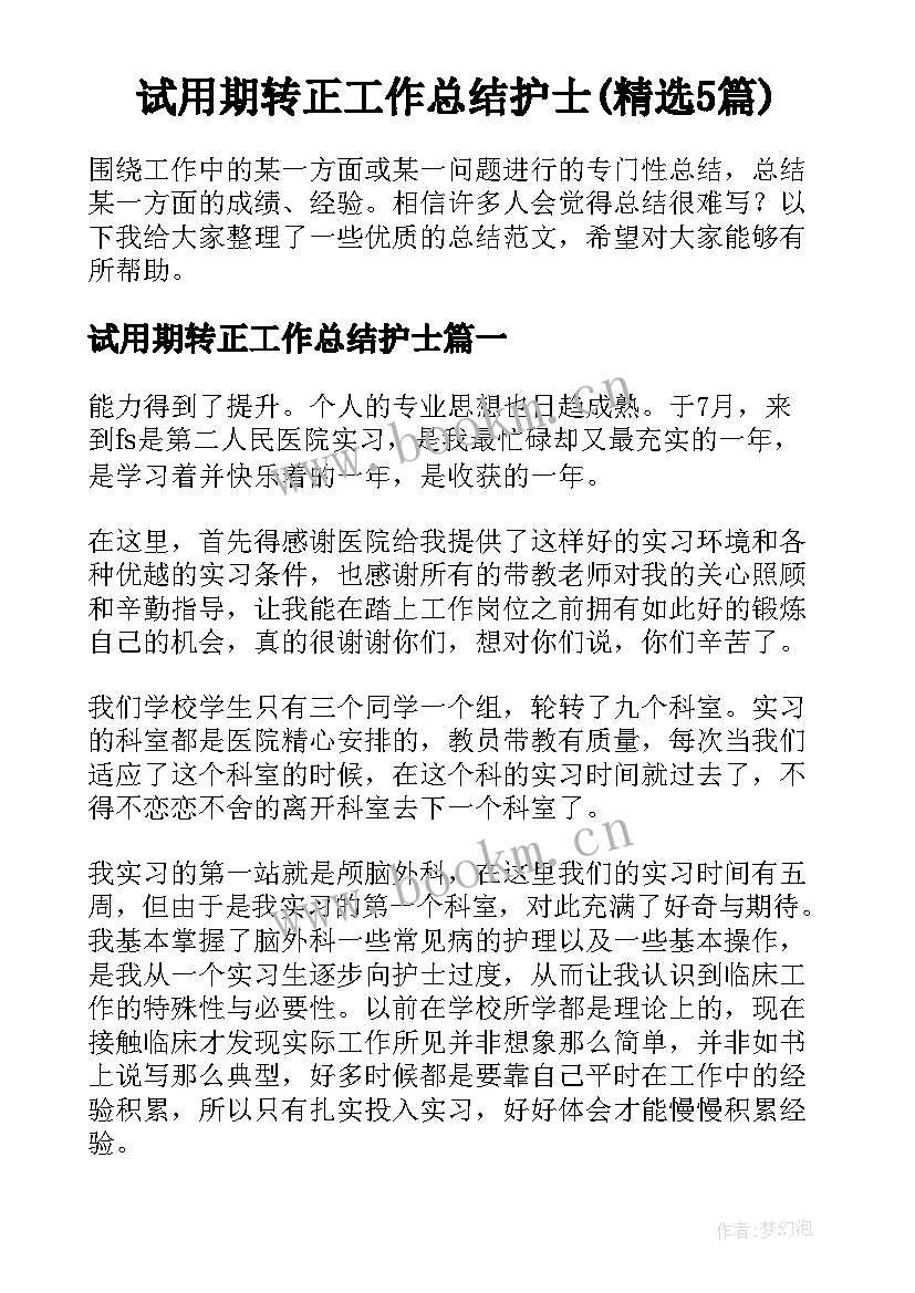 试用期转正工作总结护士(精选5篇)