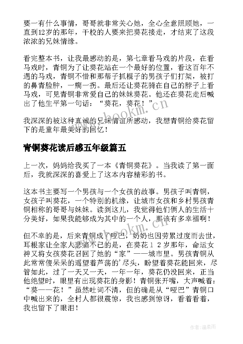 青铜葵花读后感五年级 青铜葵花三年级读后感(优秀8篇)