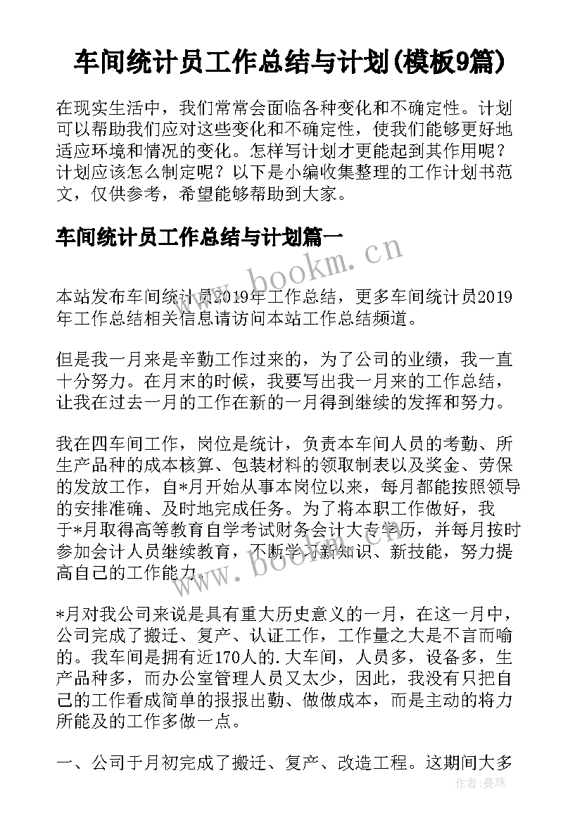 车间统计员工作总结与计划(模板9篇)