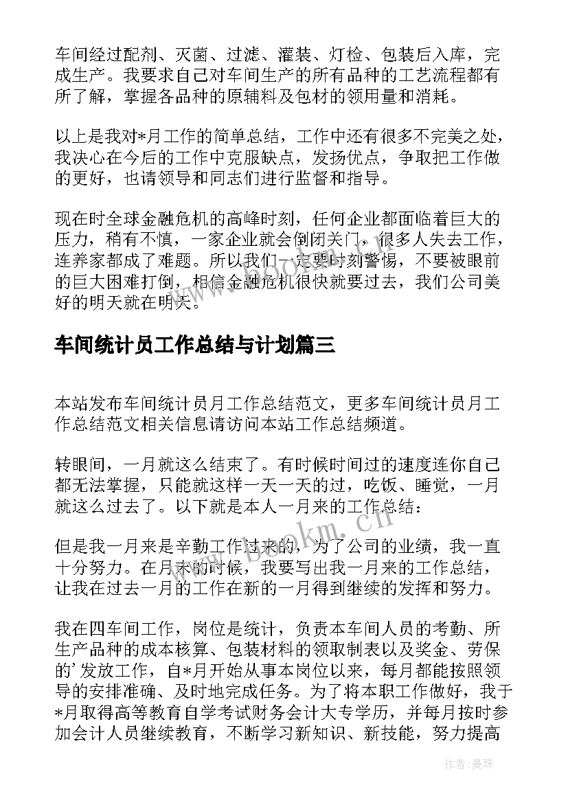 车间统计员工作总结与计划(模板9篇)