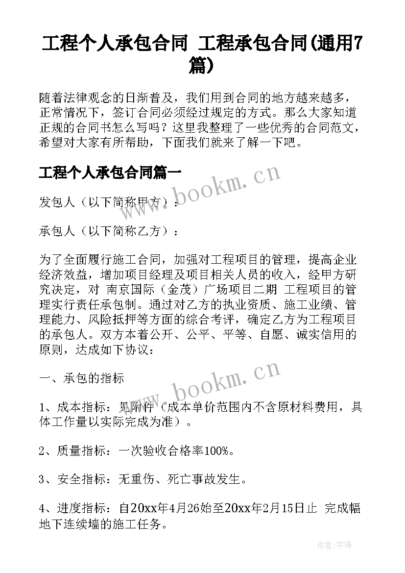 工程个人承包合同 工程承包合同(通用7篇)