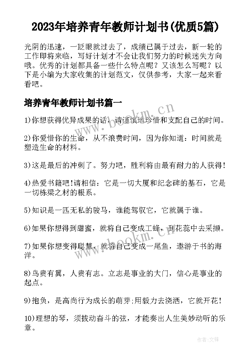 2023年培养青年教师计划书(优质5篇)