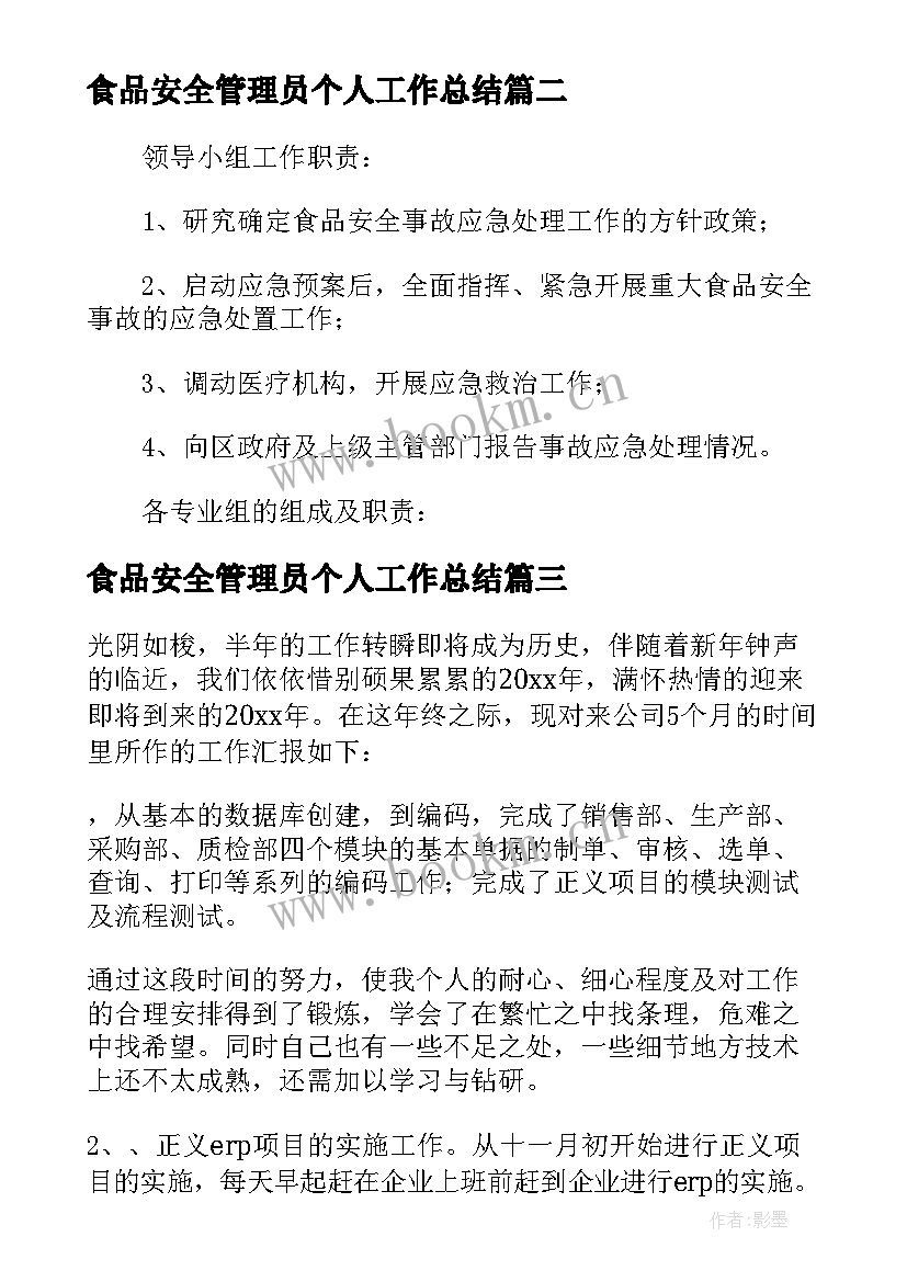 2023年食品安全管理员个人工作总结 个人年终工作总结提纲汇编文档(汇总10篇)