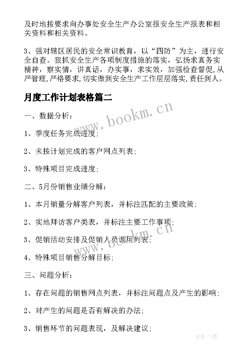 最新月度工作计划表格(优秀8篇)