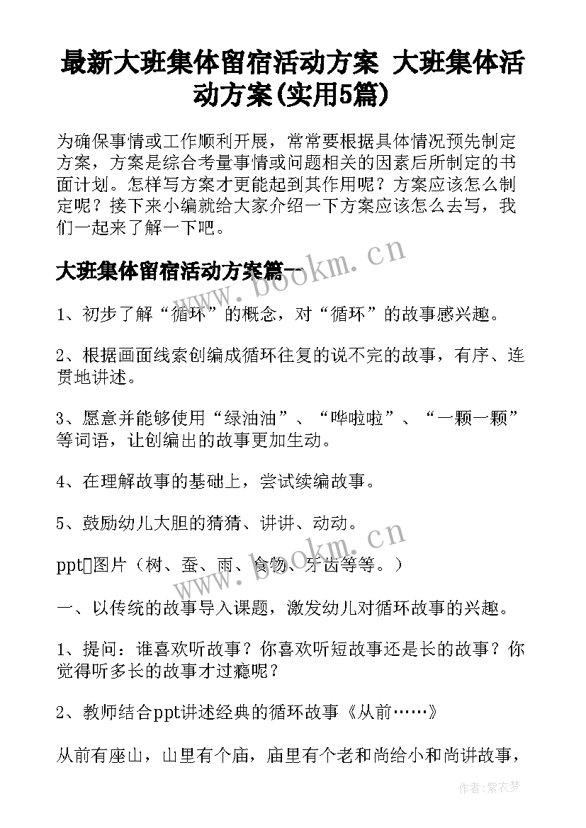 最新大班集体留宿活动方案 大班集体活动方案(实用5篇)