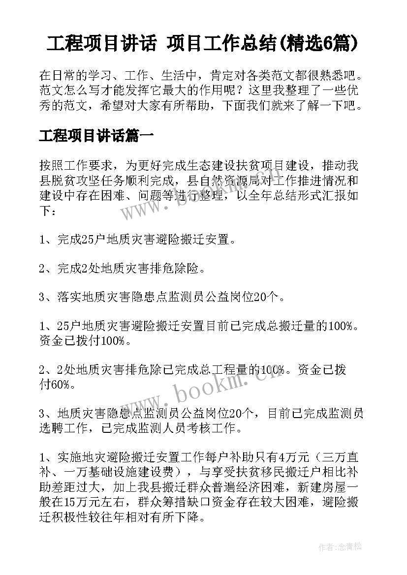 工程项目讲话 项目工作总结(精选6篇)