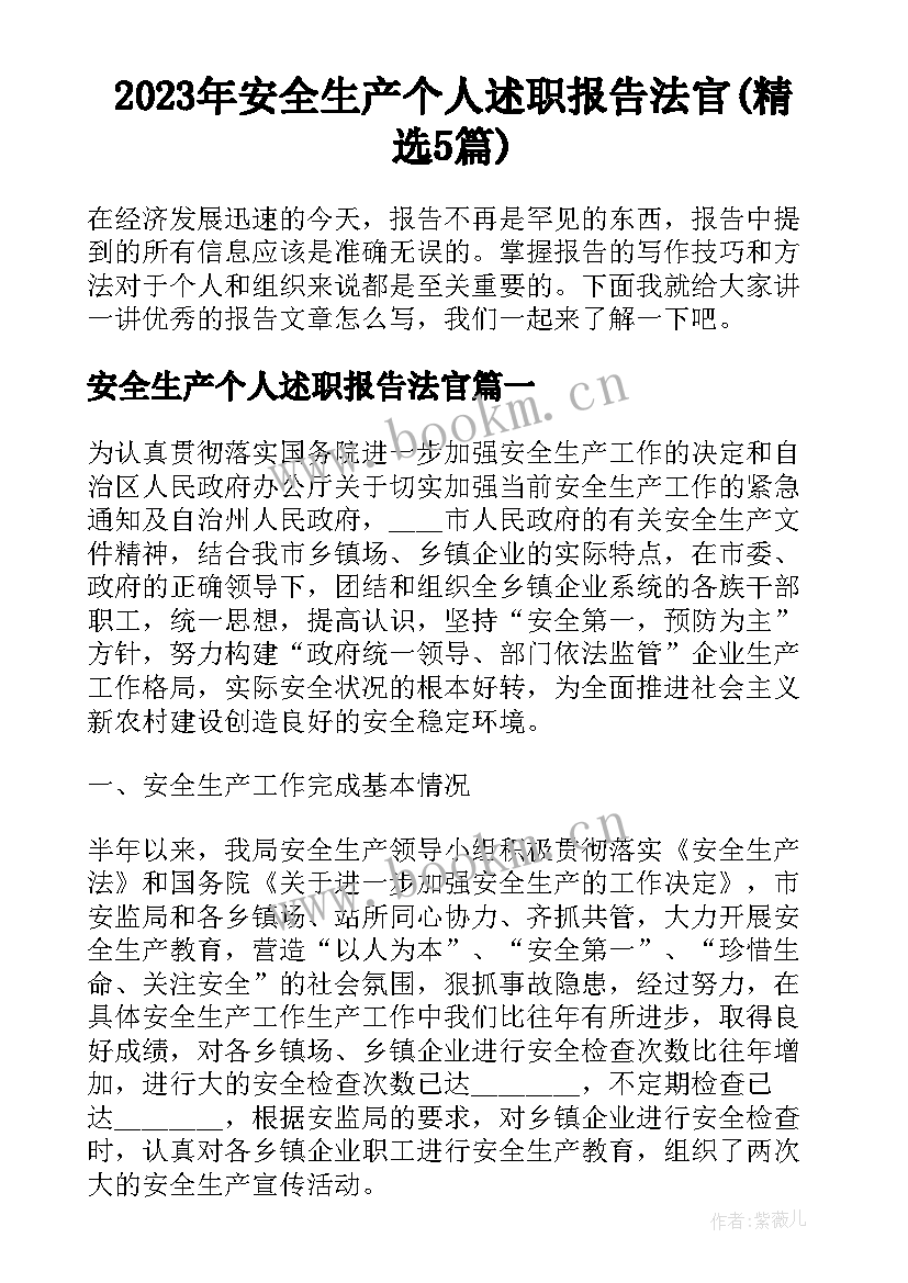 2023年安全生产个人述职报告法官(精选5篇)