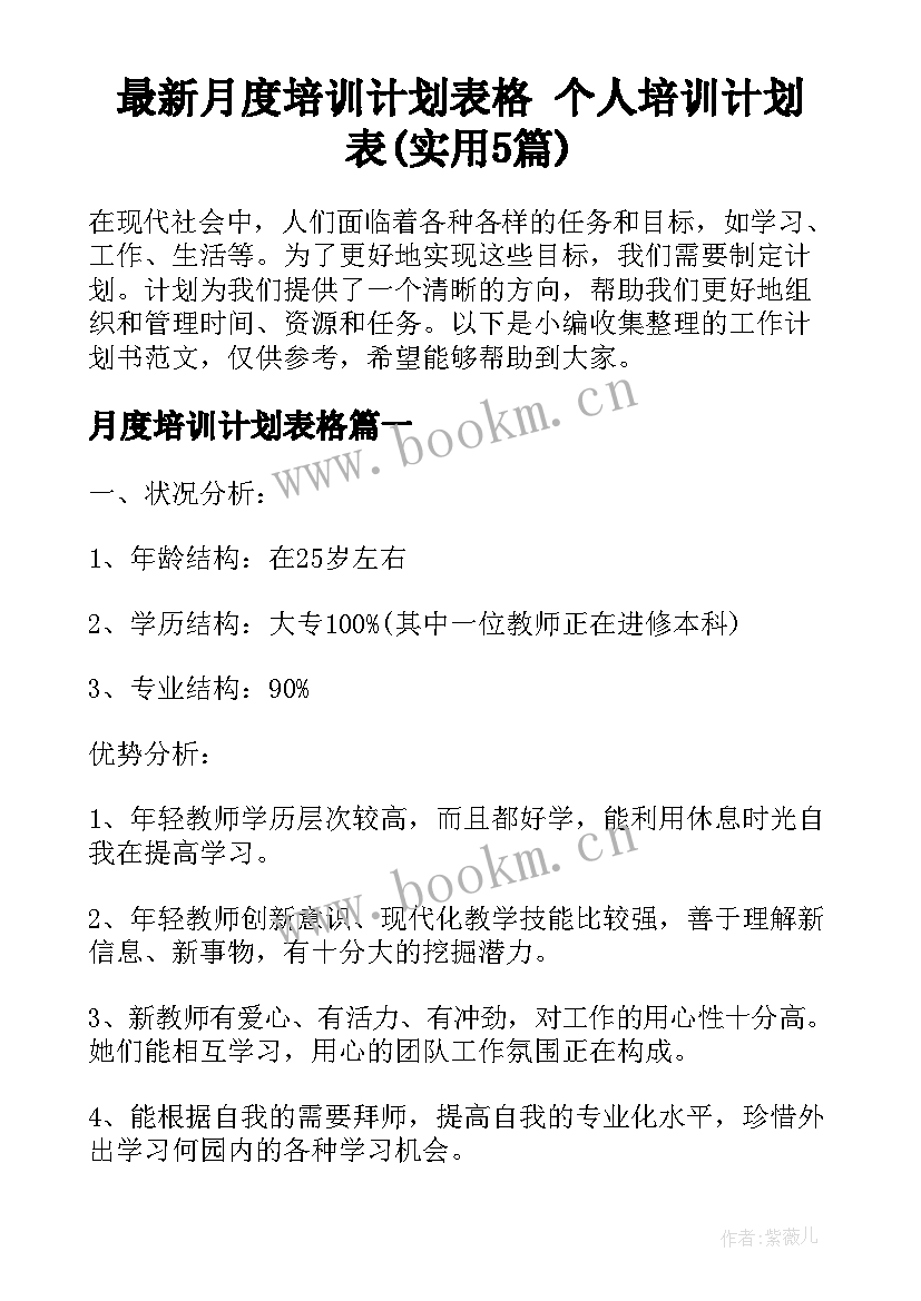 最新月度培训计划表格 个人培训计划表(实用5篇)