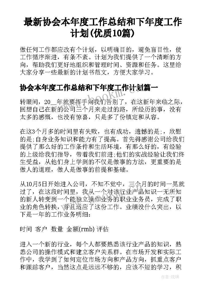 最新协会本年度工作总结和下年度工作计划(优质10篇)