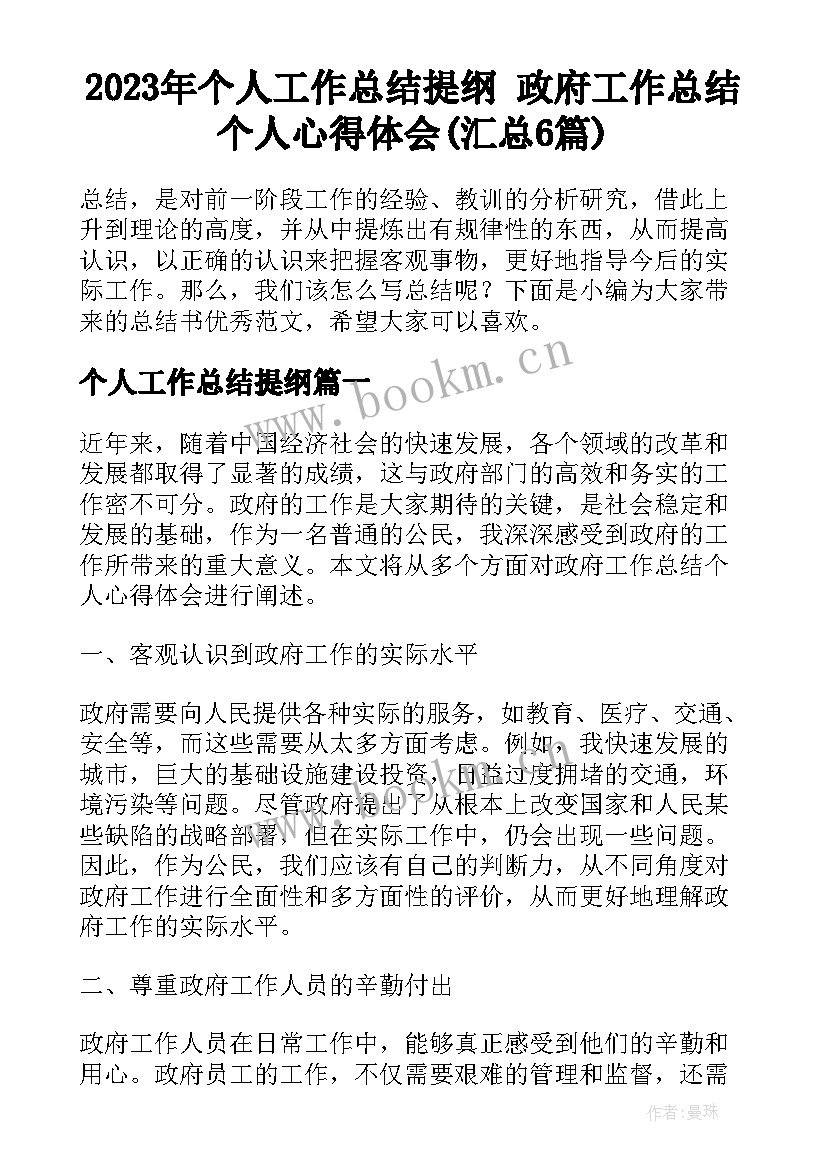 2023年个人工作总结提纲 政府工作总结个人心得体会(汇总6篇)