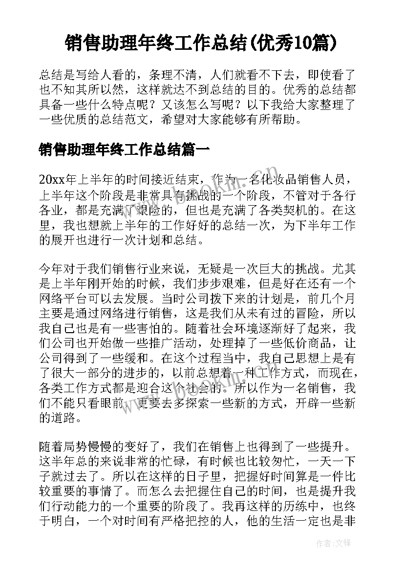 销售助理年终工作总结(优秀10篇)