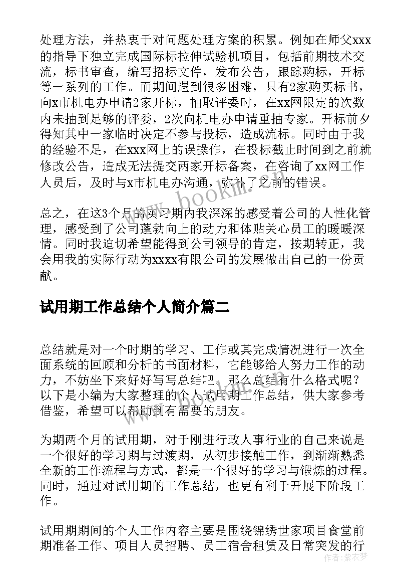 2023年试用期工作总结个人简介(大全8篇)