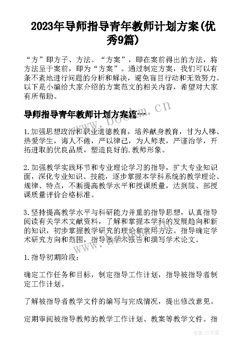 2023年导师指导青年教师计划方案(优秀9篇)