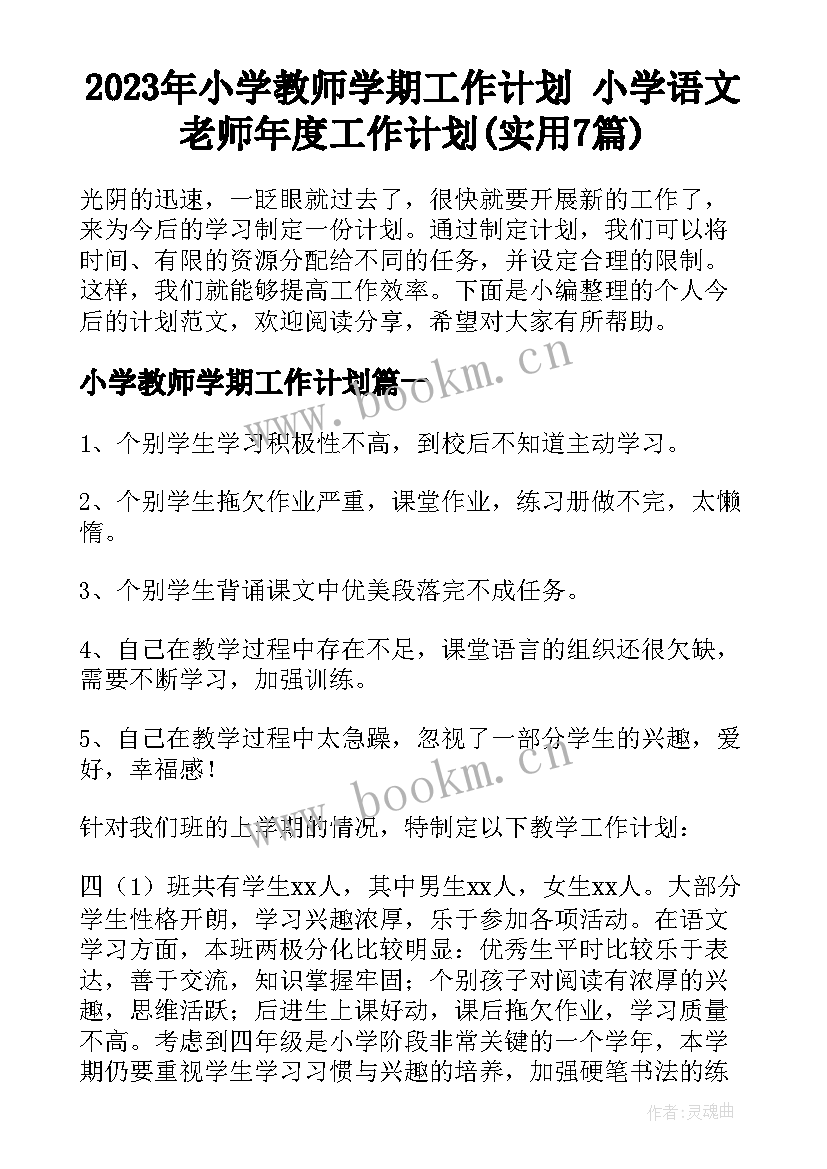 2023年小学教师学期工作计划 小学语文老师年度工作计划(实用7篇)