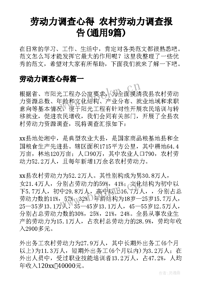 劳动力调查心得 农村劳动力调查报告(通用9篇)