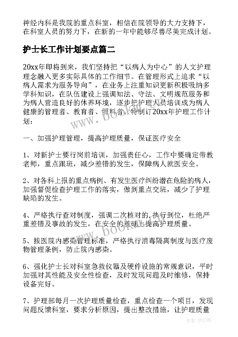 最新护士长工作计划要点(优秀6篇)