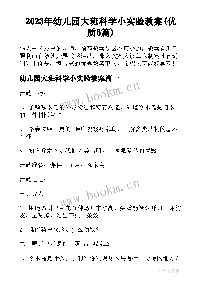 2023年幼儿园大班科学小实验教案(优质6篇)