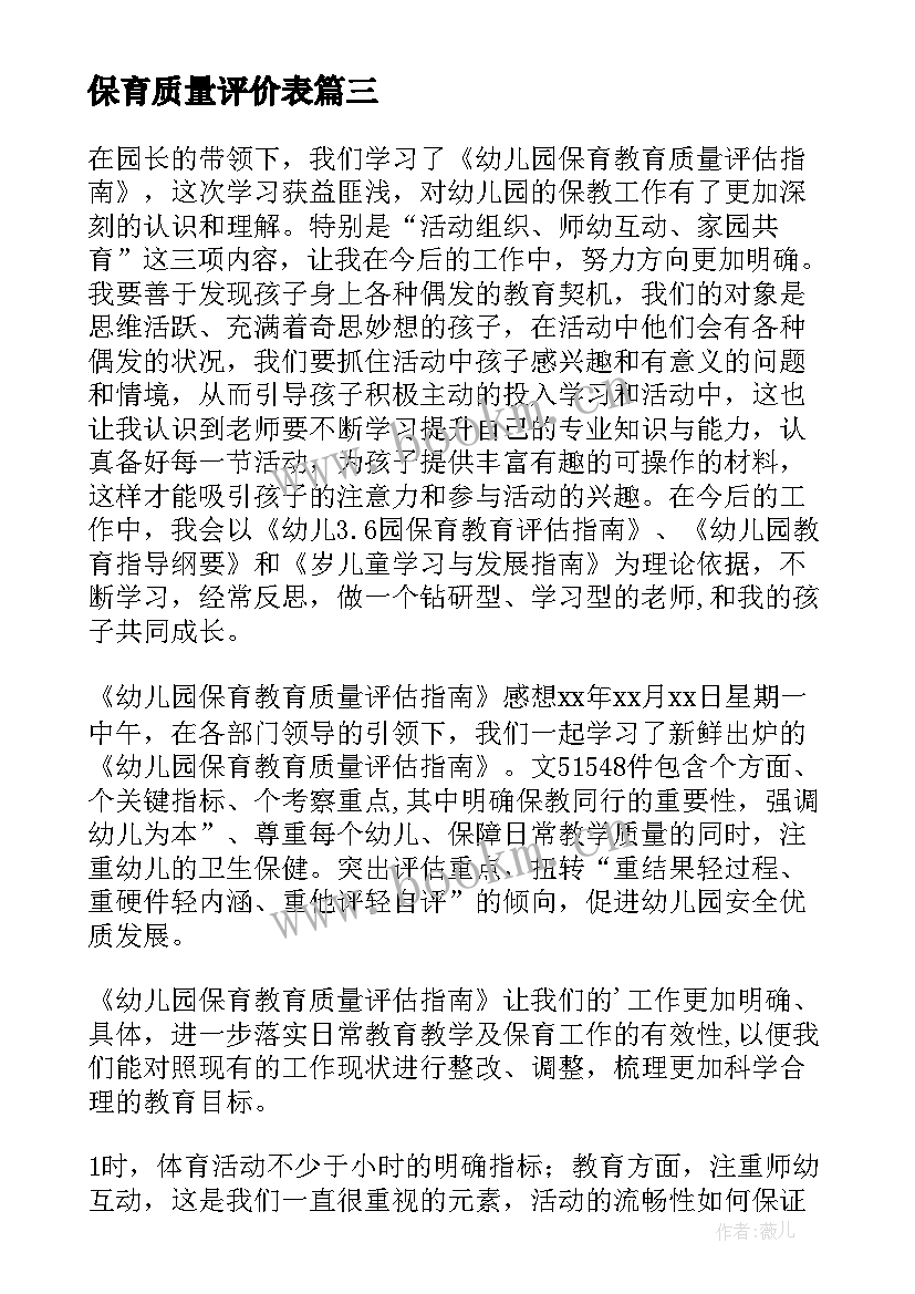 最新保育质量评价表 学习幼儿园保育教育质量评估指南心得体会(优质5篇)