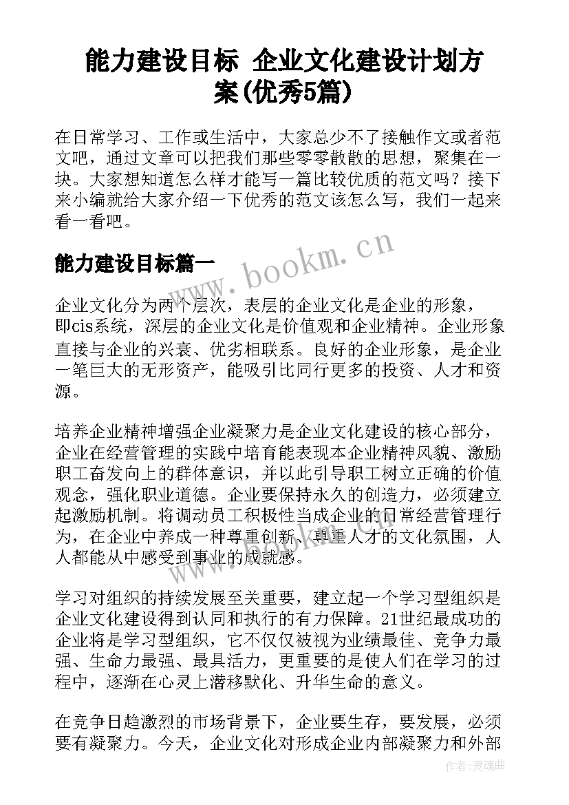 能力建设目标 企业文化建设计划方案(优秀5篇)