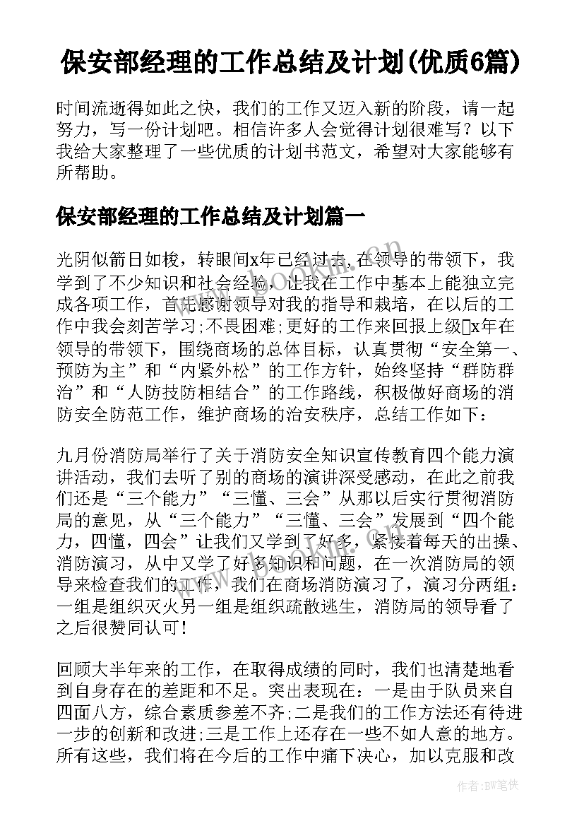 保安部经理的工作总结及计划(优质6篇)