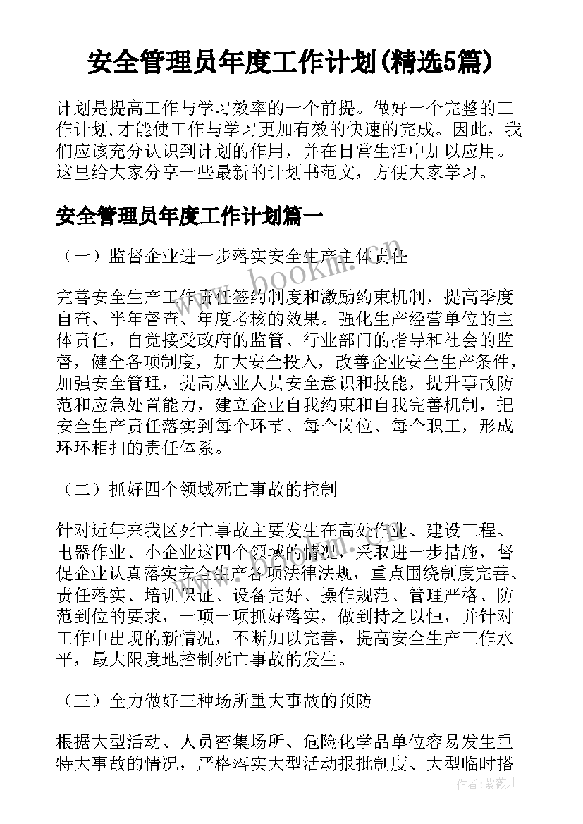 安全管理员年度工作计划(精选5篇)