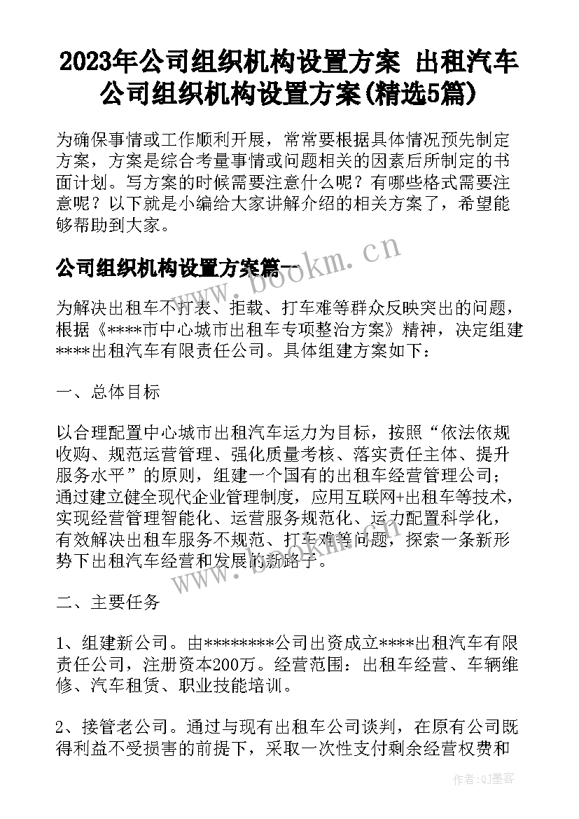 2023年公司组织机构设置方案 出租汽车公司组织机构设置方案(精选5篇)