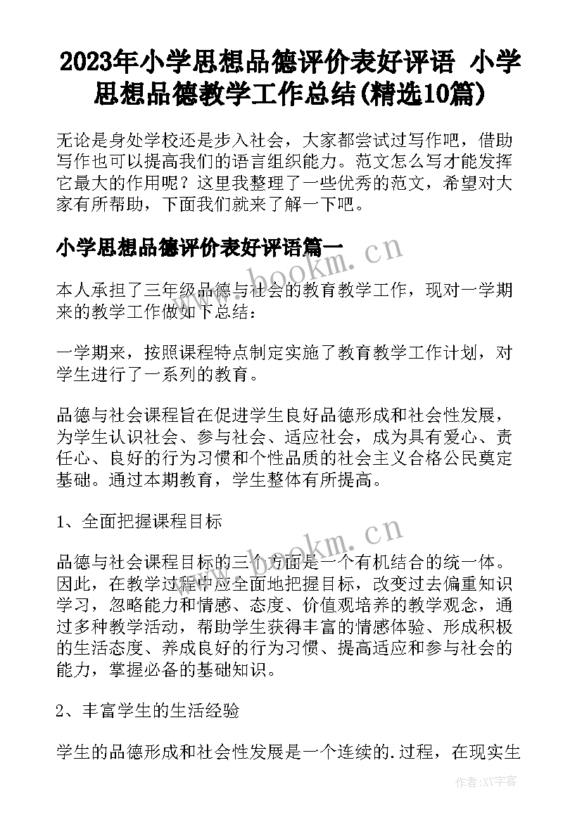 2023年小学思想品德评价表好评语 小学思想品德教学工作总结(精选10篇)