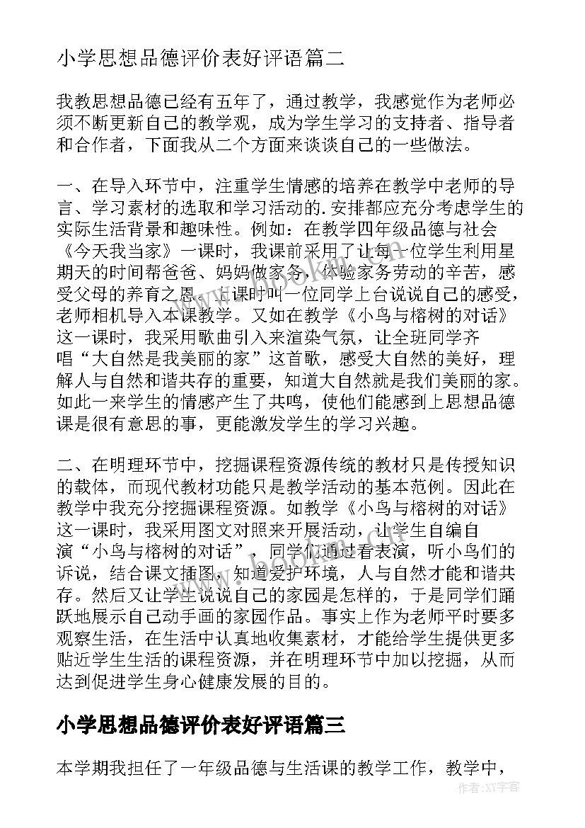 2023年小学思想品德评价表好评语 小学思想品德教学工作总结(精选10篇)