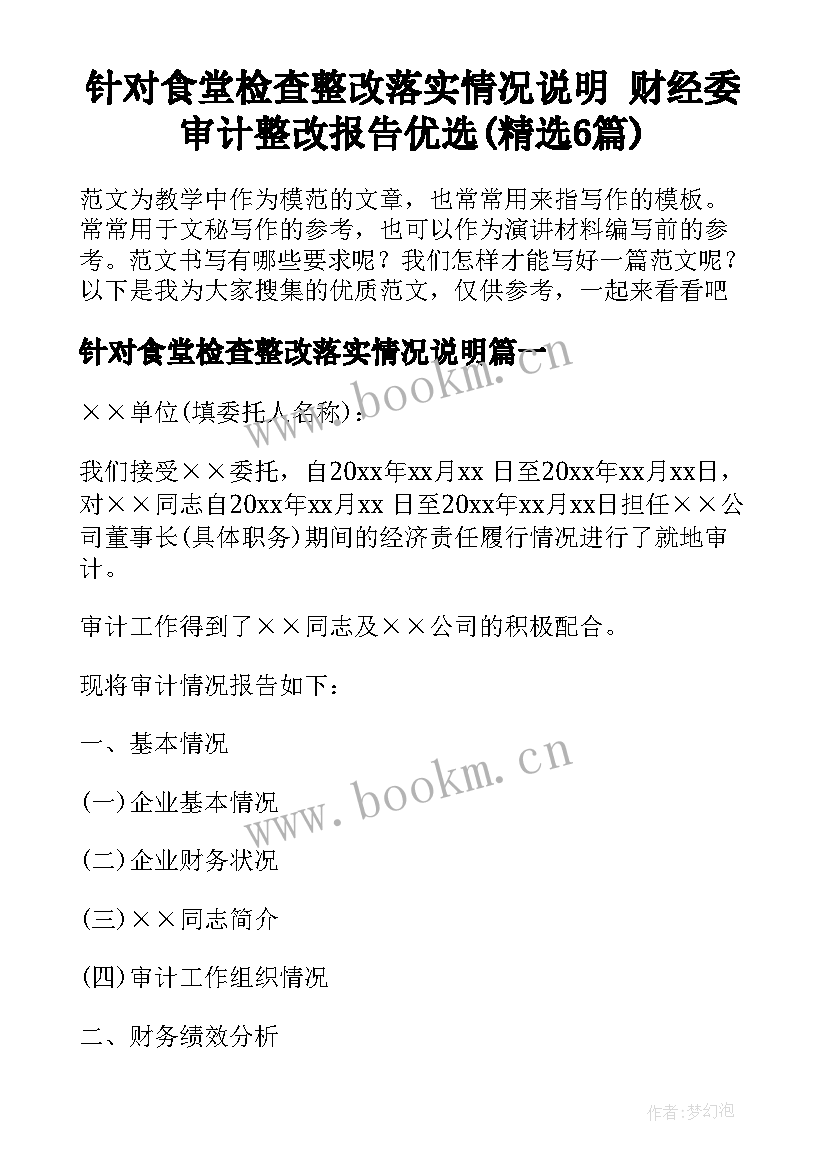 针对食堂检查整改落实情况说明 财经委审计整改报告优选(精选6篇)