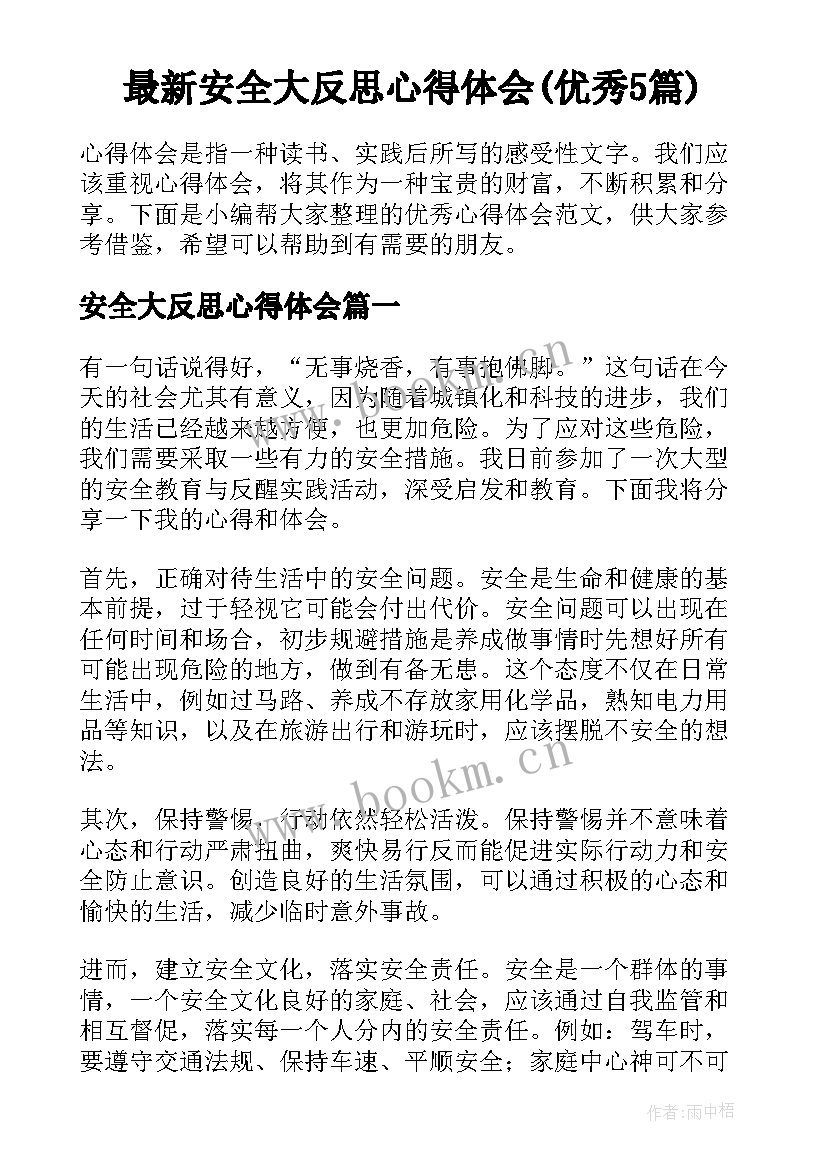 最新安全大反思心得体会(优秀5篇)