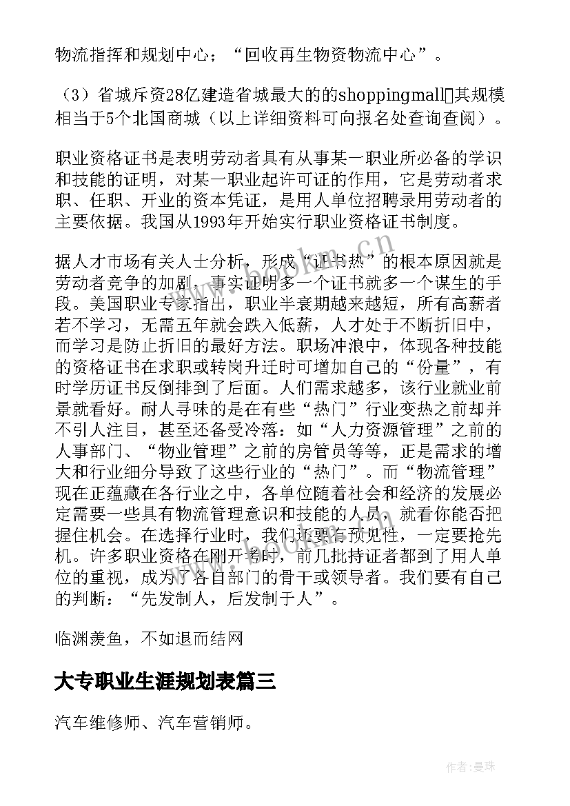 大专职业生涯规划表 职业生涯与规划(优秀8篇)